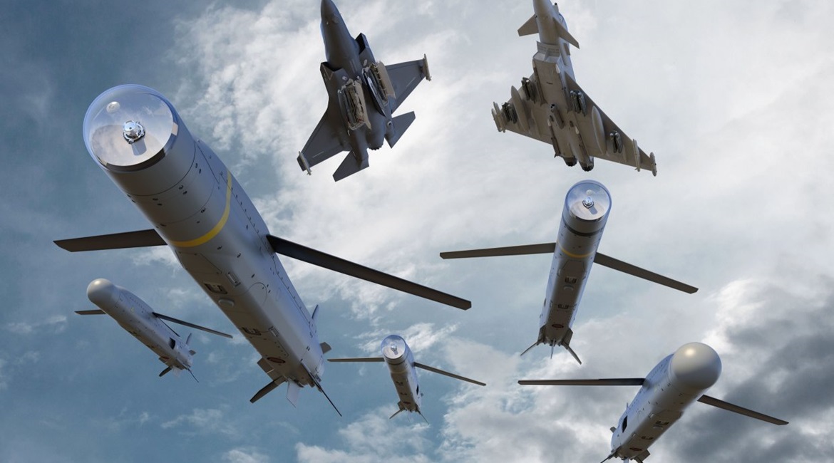 Artist's rendering of the baseline SPEAR weapon, SPEAR-EW, and SPEAR-Glide launched from the F-35 and Eurofighter Typhoon platforms.
