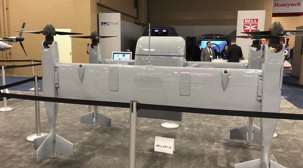 Bell's APT family of aircraft features a bi-wing design that flies nearly horizontally. The APT 70, shown here at the 2019 AAAA Summit, can carry 70 lb of payload.
