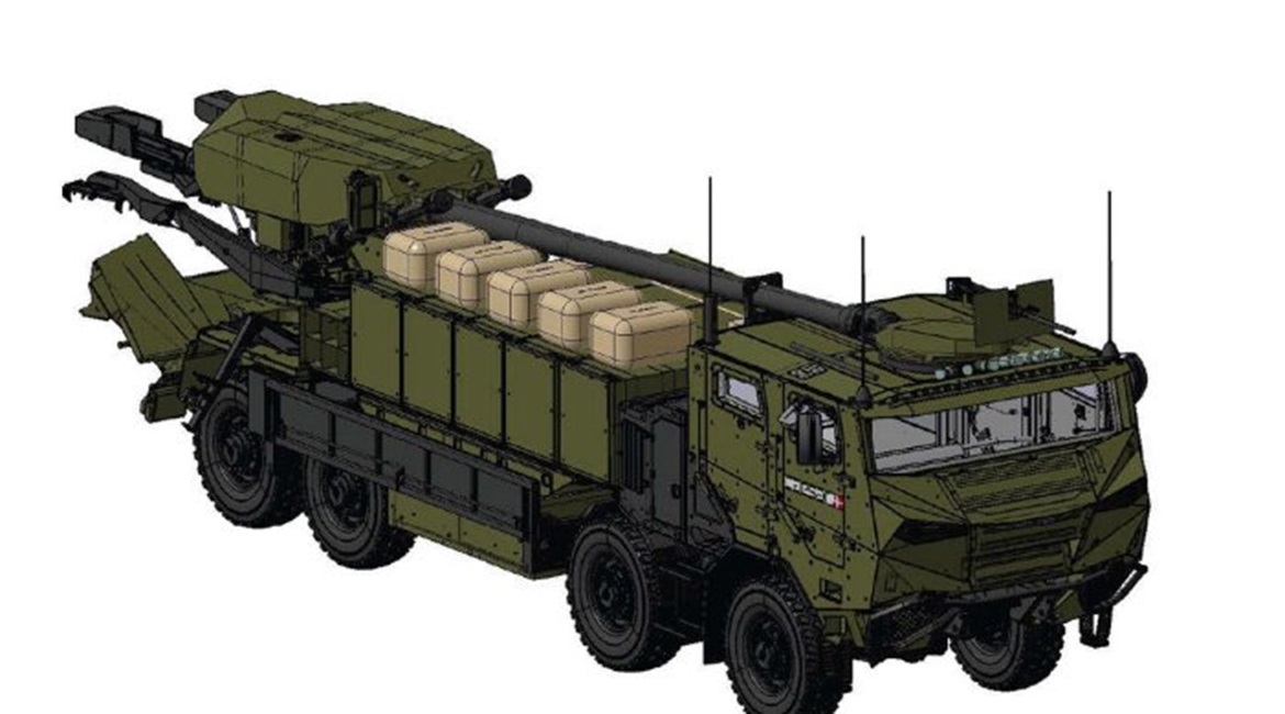 A drawing of the Nexter Systems CAESAR 155 mm/52 calibre SP artillery system, based on the Tatra 8×8 platform.