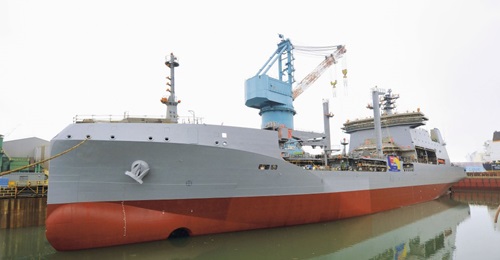 South Korean shipbuilder HHI launched the RNZN's future fleet replenishment vessel, 
        
        , on 24 April at the company's dockyard in Ulsan.