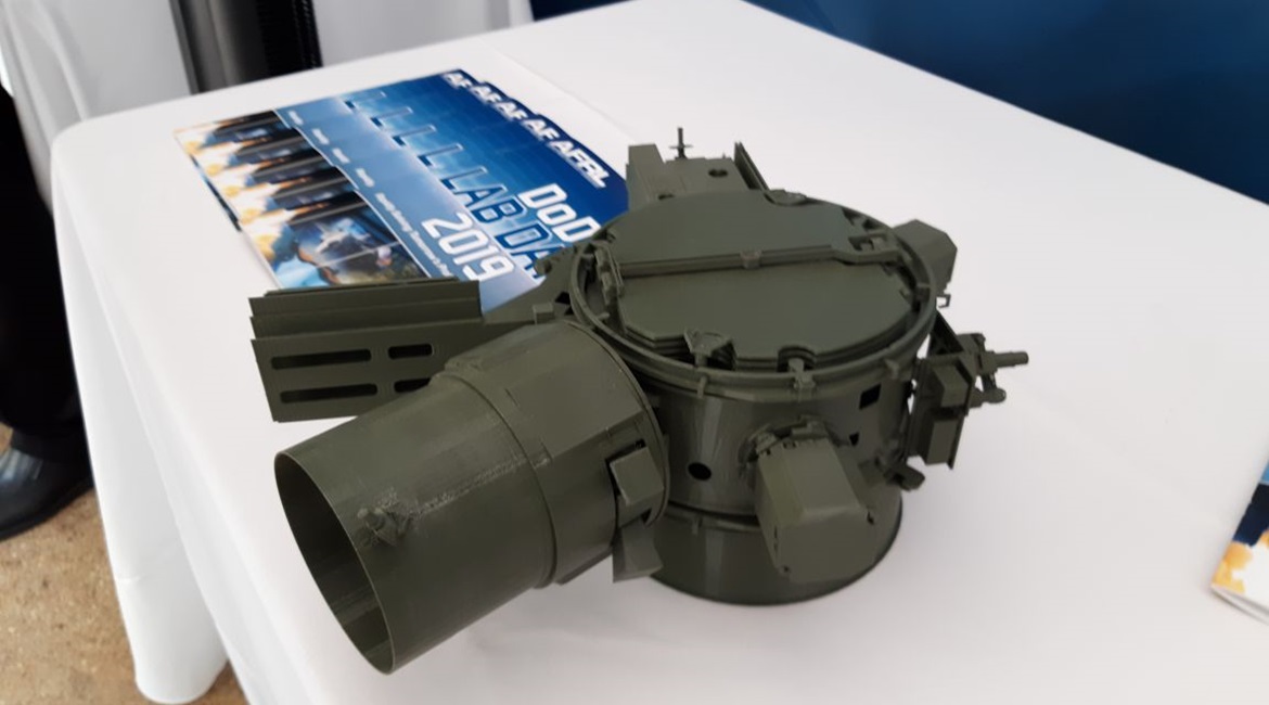 The Air Force Research Laboratory's (AFRL's) ESPA Augmented Geosynchronous Laboratory Experiment (EAGLE) on display at the Pentagon's Lab Day on 25 April 2019. EAGLE's propulsion capability turns it from a simple ESPA ring into a fully functioning sate...