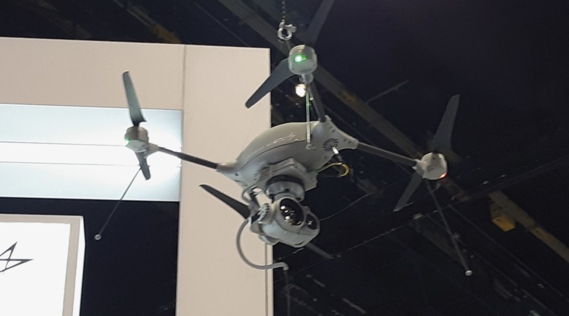 Lockheed Martin's Indago 3 quadcopter UAV, with tether, on display on 30 April at the AUVSI Xponential conference in Chicago.