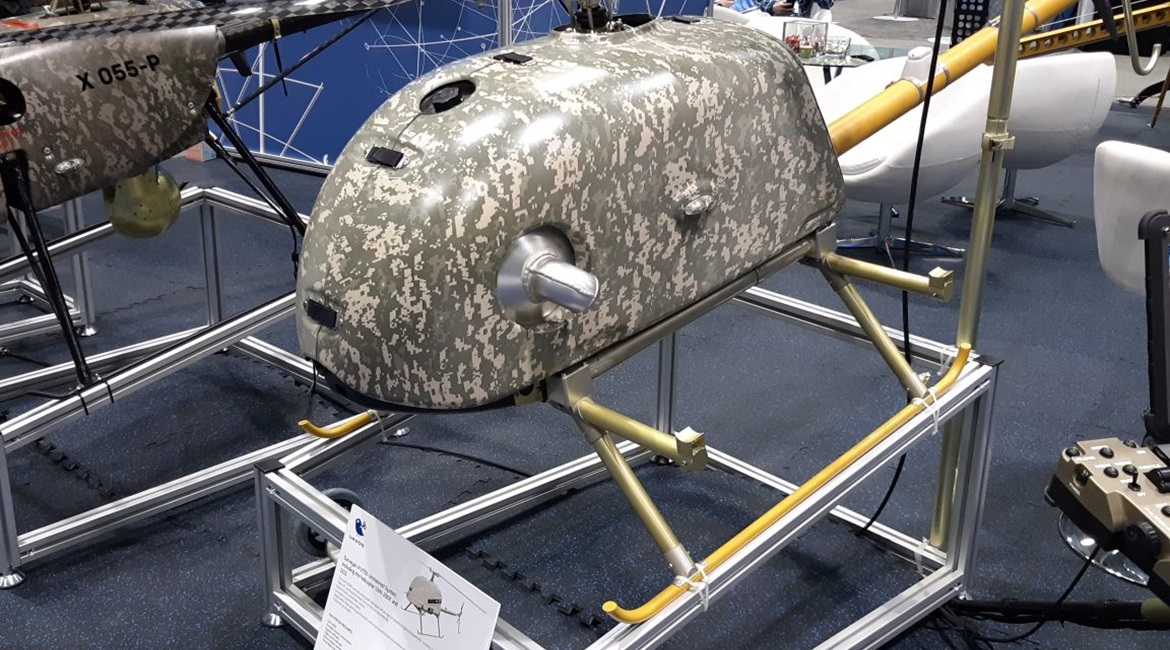 UAVOS' UVH-290E unmanned helicopter aircraft that is part of the company's Surveyor-H unmanned aerial system, on display on 2 May 2019 at the AUVSI Xponential convention in Chicago.