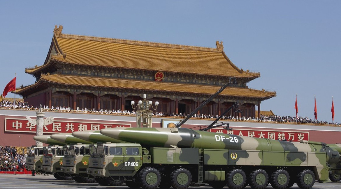 Transporter-erector launchers carrying DF-26 IRBM systems during a military parade held in Beijing in September 2015.