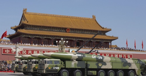Transporter-erector launchers carrying DF-26 IRBM systems during a military parade held in Beijing in September 2015.