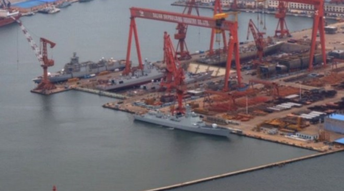 The two most recently launched Type 052Ds are seen here in the dry dock closest to the water a few days prior to launch at Dalian. Also visible, but afloat, are a Type 055 and 052D destroyer launched a few months ago, while at the rear of the dry dock ...