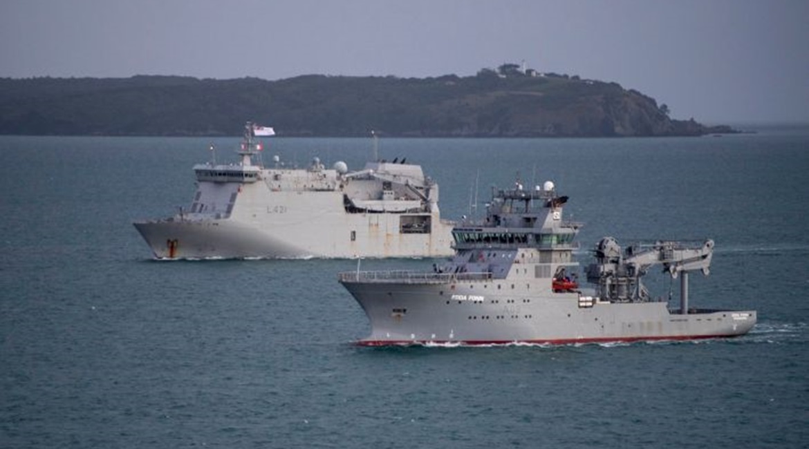 The RNZN's future hydrography ship, 
        
         (front), is seen here arriving in Auckland, New Zealand, in mid-May accompanied by HMNZS 
        
         (back).