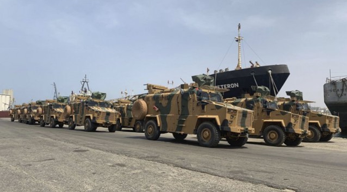 BMC Kirpi II MRAPs are seen after being unloaded at Tripoli's port in Libya on 18 May. The remotely controlled weapon stations are covered up, but are likely to be Aselsan SARPs, while the jamming antennas are folded to the rear.