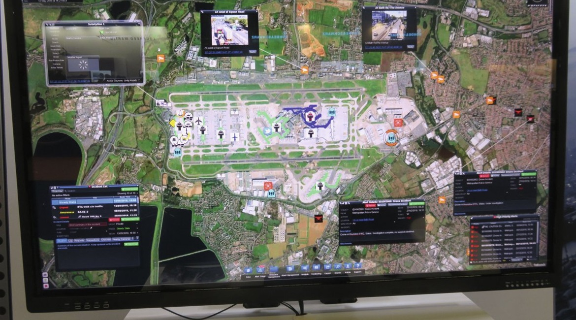 Babcock International's SIGRID5 command-and-control system displayed at the Electronic Warfare Europe 2019 exhibition, showing a hypothetical intrusion at Heathrow Airport.