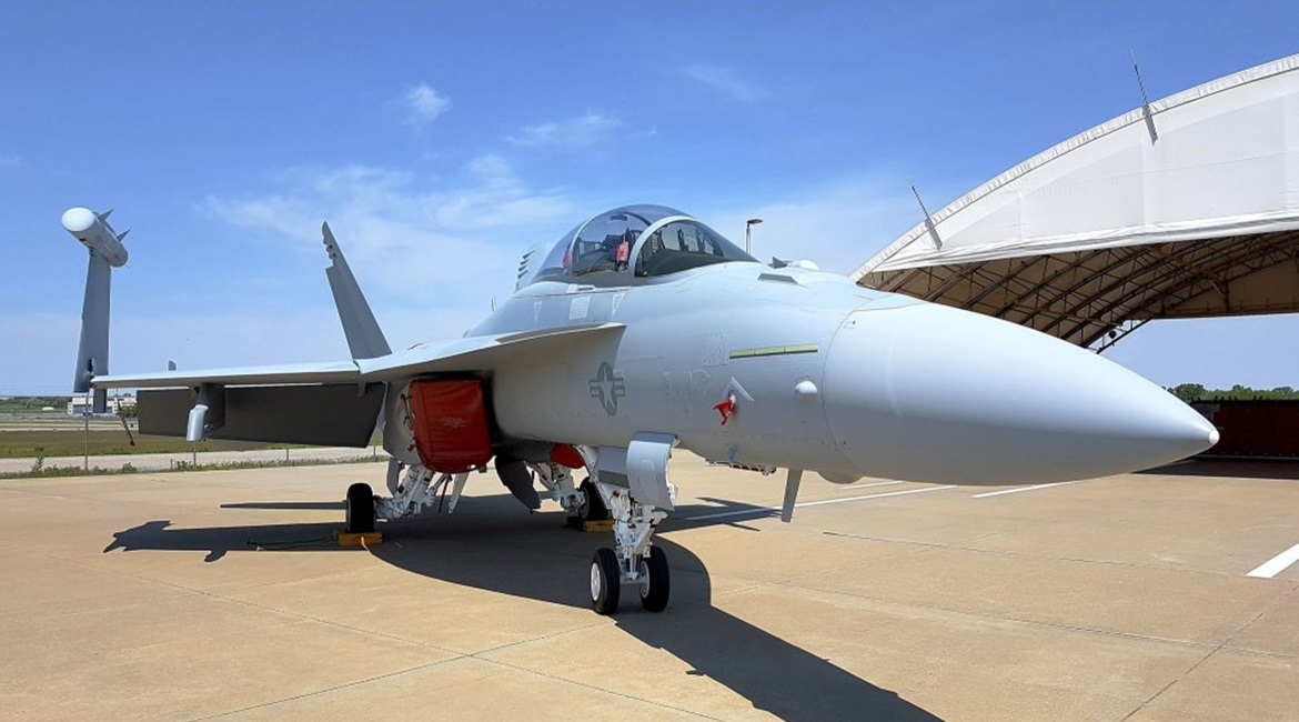 An EA-18G Growler electronic attack aircraft on the apron at Boeing's St Louis production facility. The US Navy plans to upgrade all 161 of its aircraft to the Block 2 standard, with further international opportunities likely to follow.