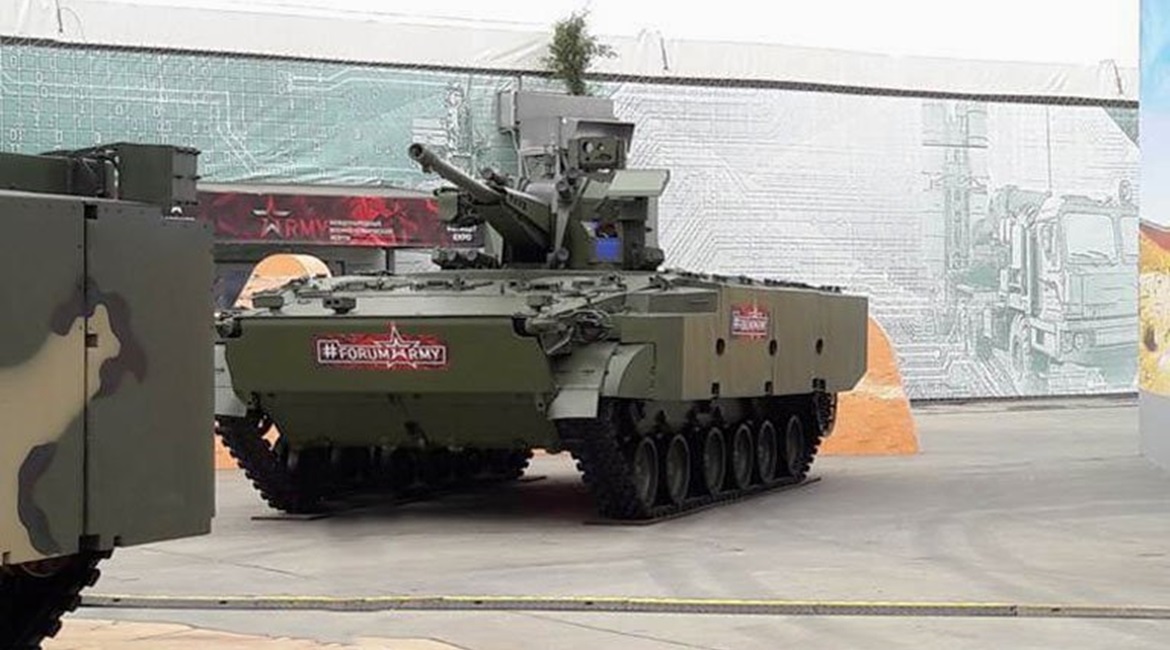 A modified AU-220M armed with a 57 mm cannon on the 2S38 Derivatsiya-PVO SPAAG designed for the dual role of air defence and ground combat.