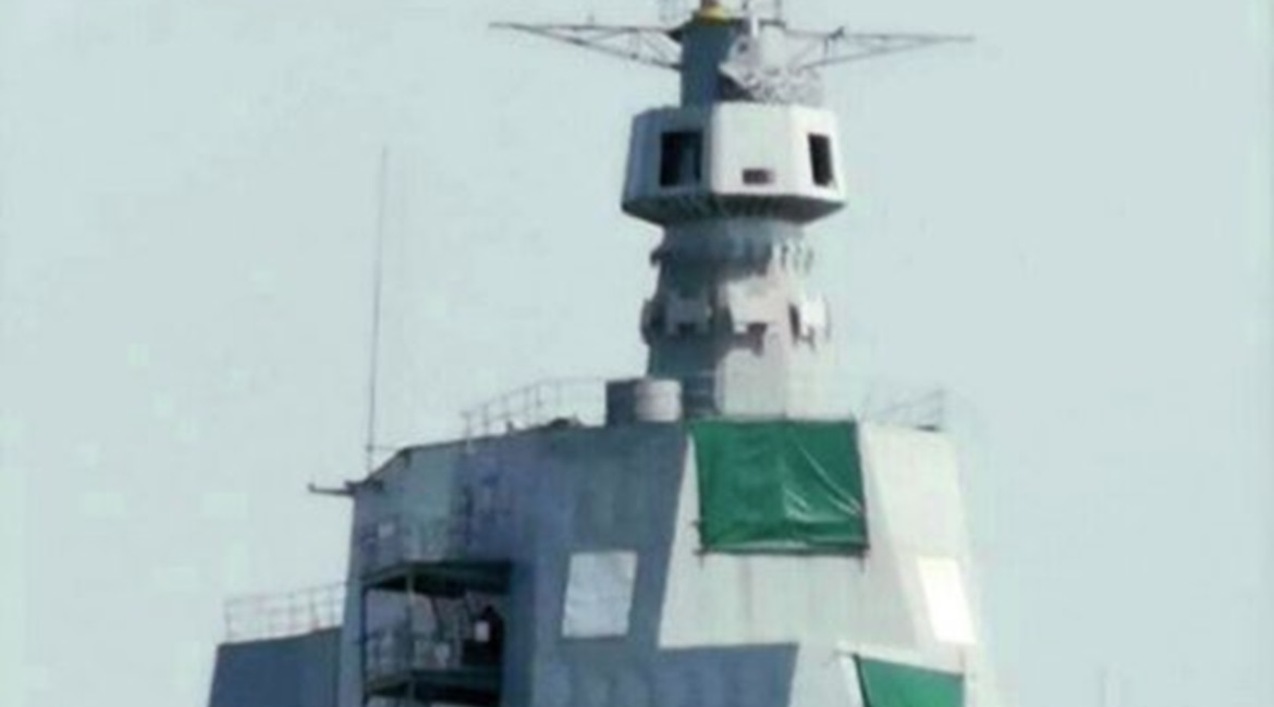 An image of China's land-based aircraft carrier development facility in Wuhan showing what is likely to be the future configuration of the sensor suite on the island of China's third aircraft carrier.