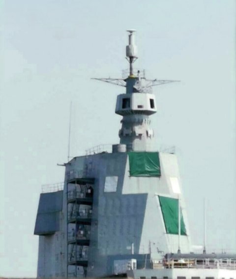 An image of China's land-based aircraft carrier development facility in Wuhan showing what is likely to be the future configuration of the sensor suite on the island of China's third aircraft carrier.