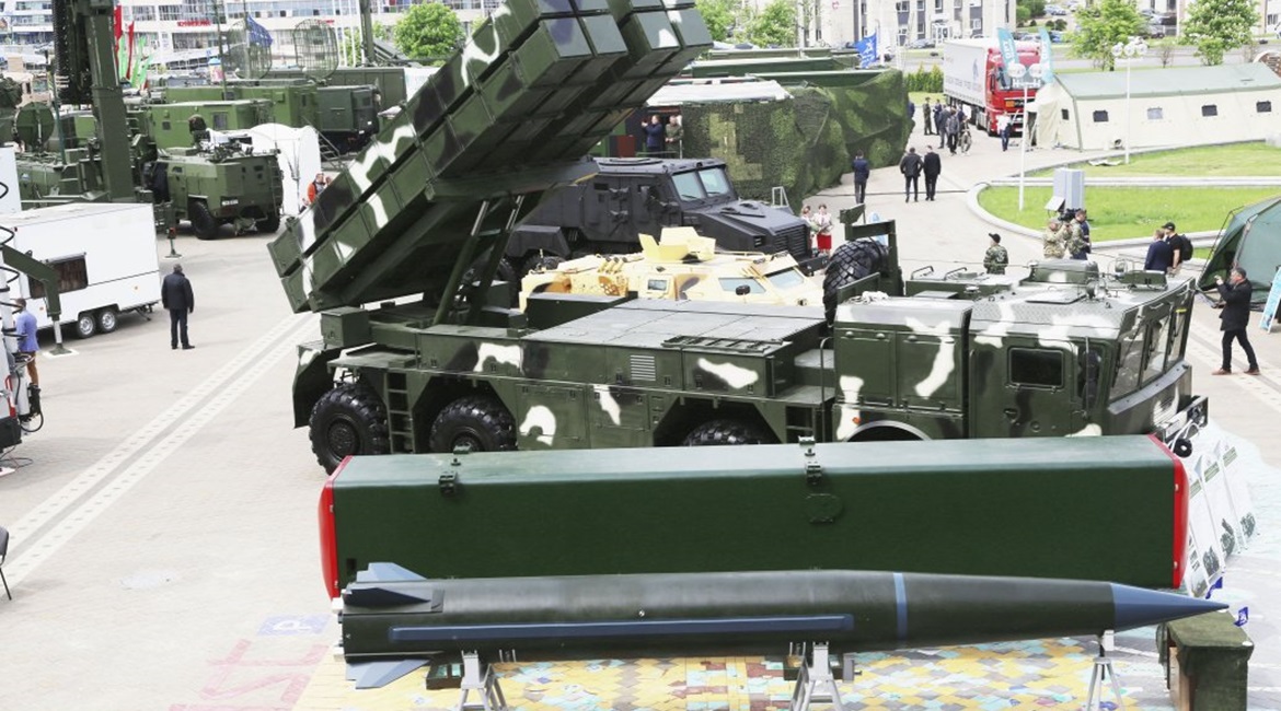 The Polonez-M MLR system with full-size mock-up of the tactical missile and its canister.