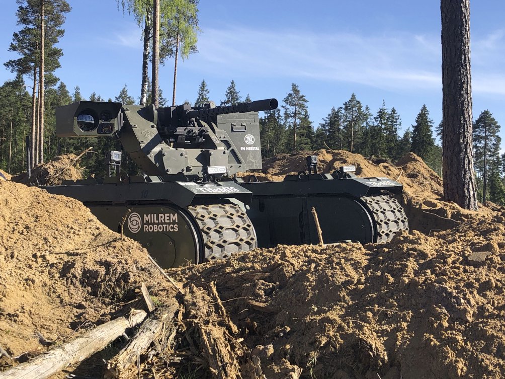An armed variant of the THeMIS unmanned ground vehicle was deployed to support troop manoeuvres in NATO’s ‘Spring Storm’ exercise. (Milrem Robotics)