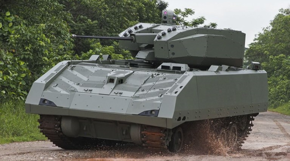 The Singapore Army's new Hunter armoured fighting vehicle seen performing a high-speed manoeuvre during a mobility demonstration.
