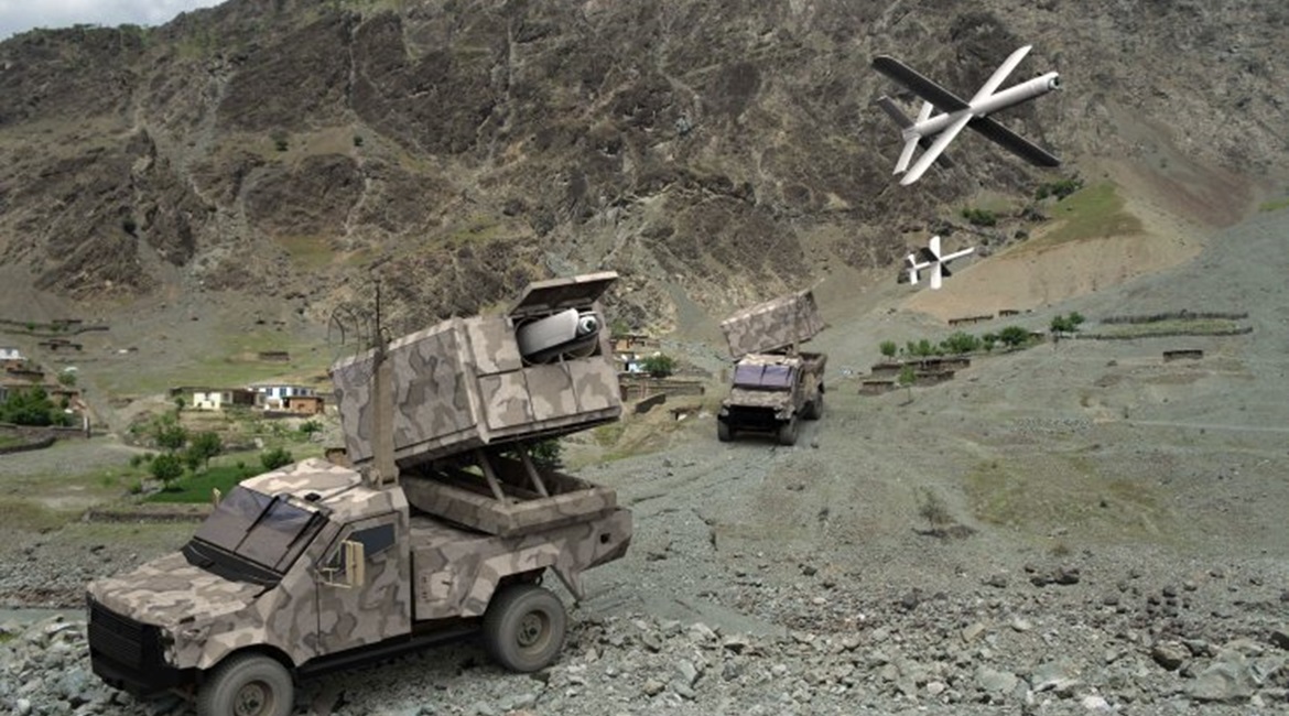 Computer-generated image of UVision's new multi-canister launcher for the Hero-400EC loitering weapon system.