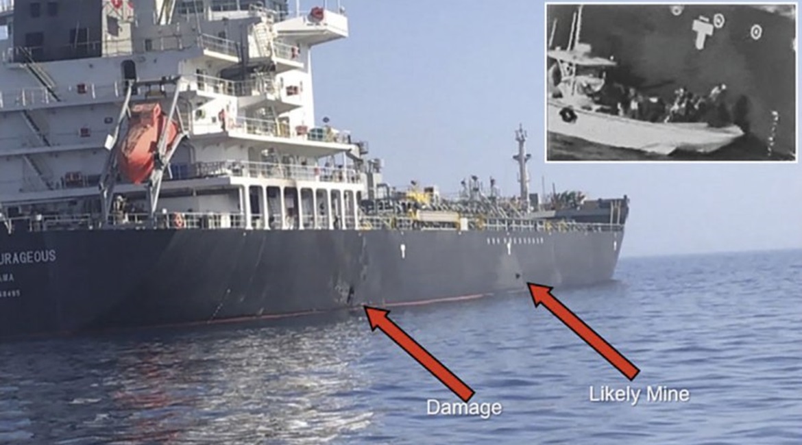 A photograph released by the US Navy shows the suspected limpet mine attached to 
        
        . A still (inset) from the footage released by CENTCOM shows an Iranian-type FIAC in a location that enabled its crew to recover the object.
