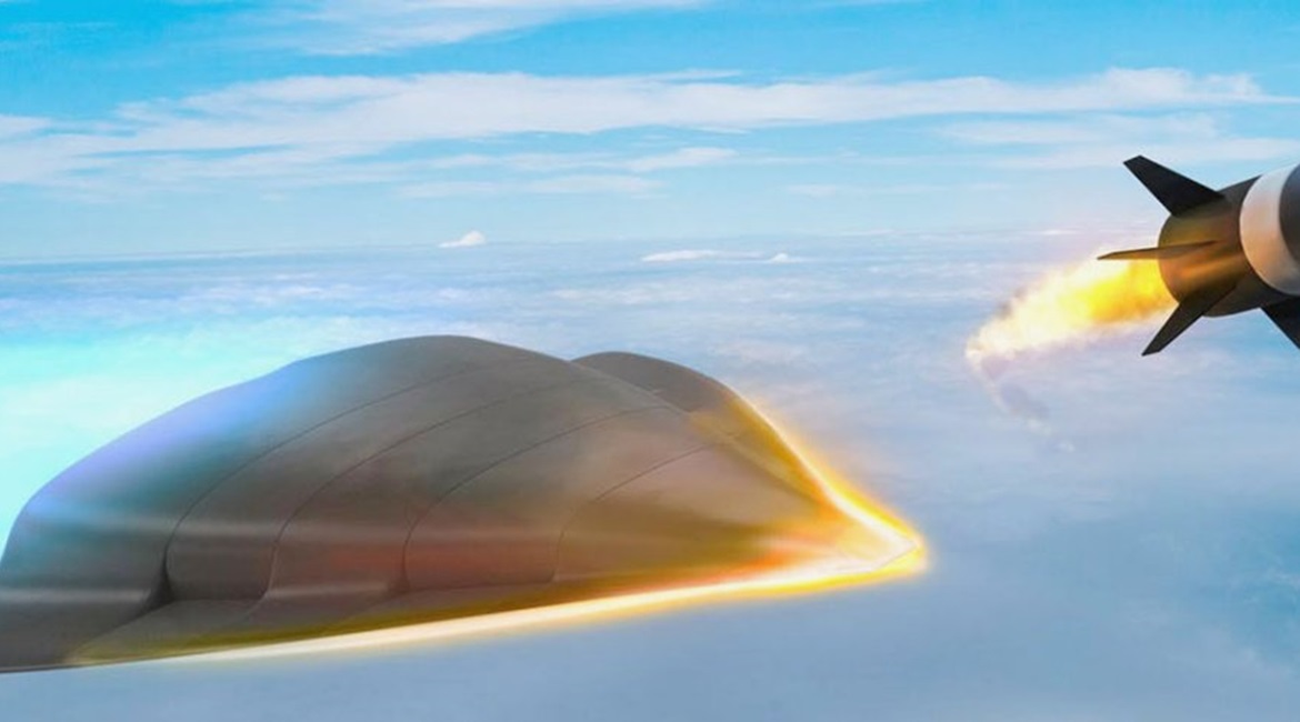 Artist's rendering of prospective Raytheon hypersonic weapons solutions including boost-glide (left) and scramjet powered air-breathing (right foreground) hypersonic weapons concepts.