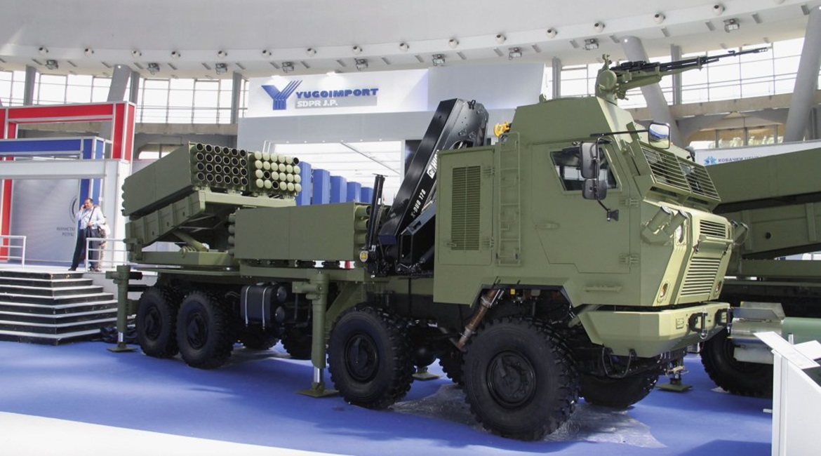 The latest Serbian 267 mm/122 mm modular multiple rocket launcher is based on an 8x8 chassis.