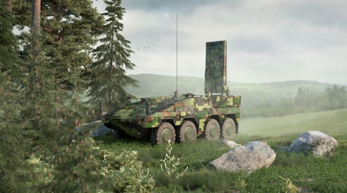Artist's impression of Saab ARTHUR WLR integrated into an ARTEC Boxer 8x8 platform, with the antenna in raised position.