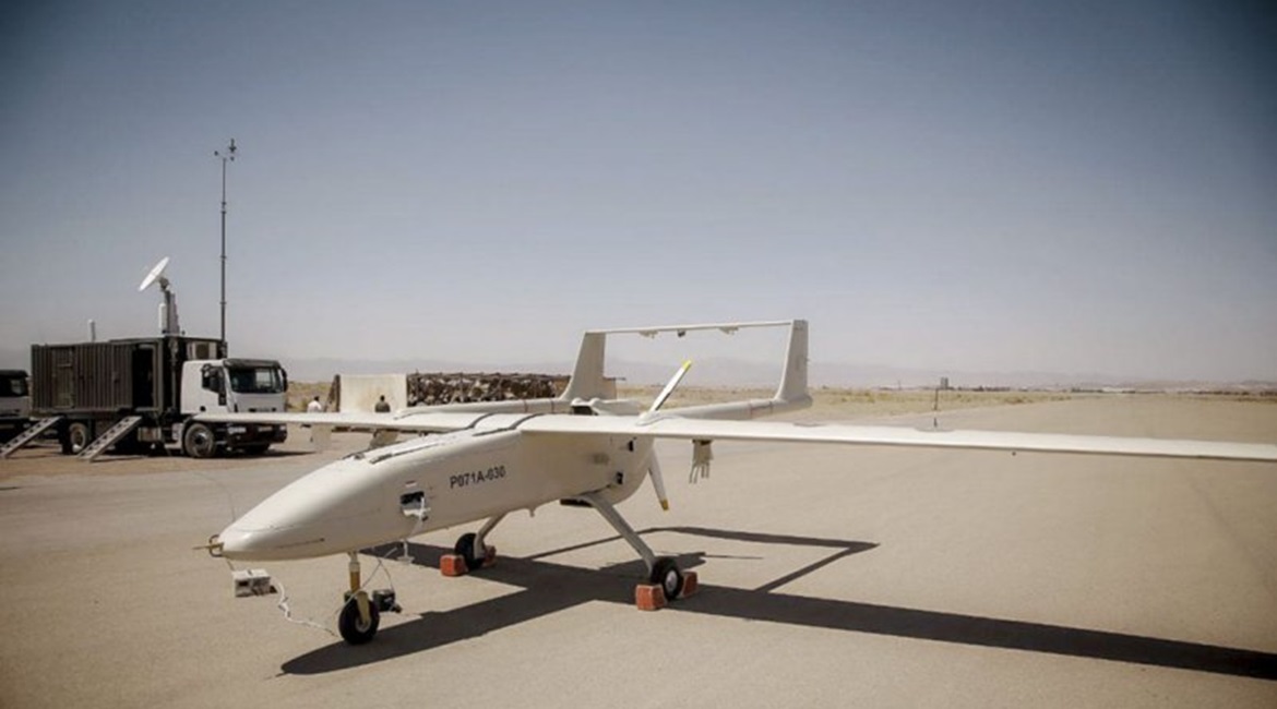A Mohajer-6 is seen with its control vehicle in the background at an airstrip that is probably near Gonabad in northeast Iran.