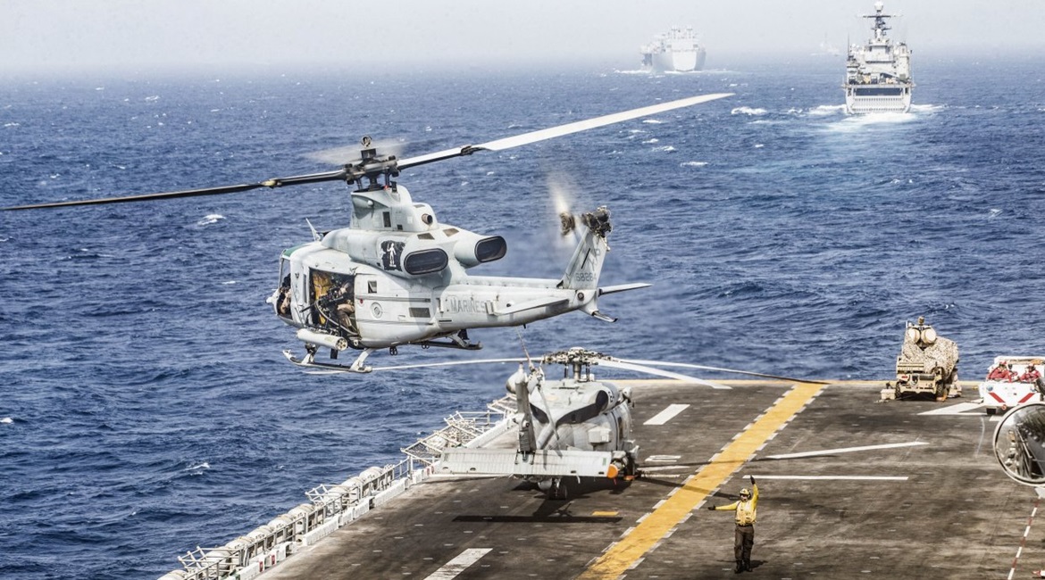 USS 
        
         is seen transiting the Strait of Hormuz with the LMADIS counter-UAV system deployed on its deck. USS 
        
        , another member of the 
        
         Amphibious Ready Group, and expeditionary sea base ship US...