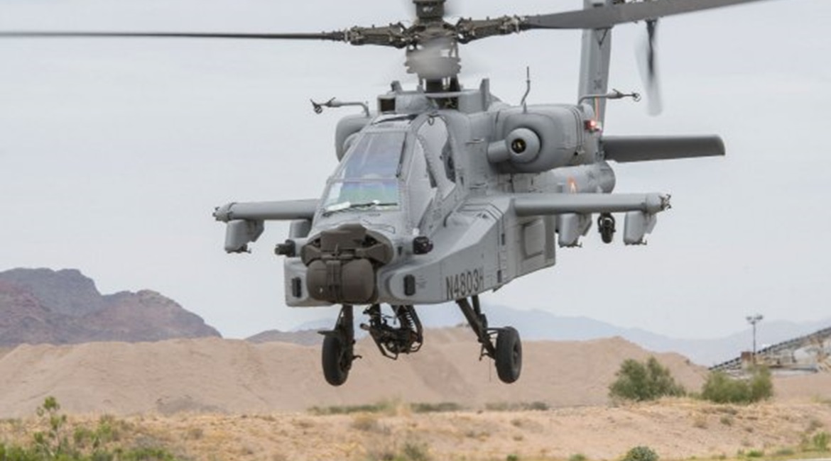 An IAF Apache Guardian attack helicopter conducting flight manoeuvres at the Boeing production facility in Mesa, Arizona. The first four Apache Guardians for the IAF arrived in India on 27 July.
