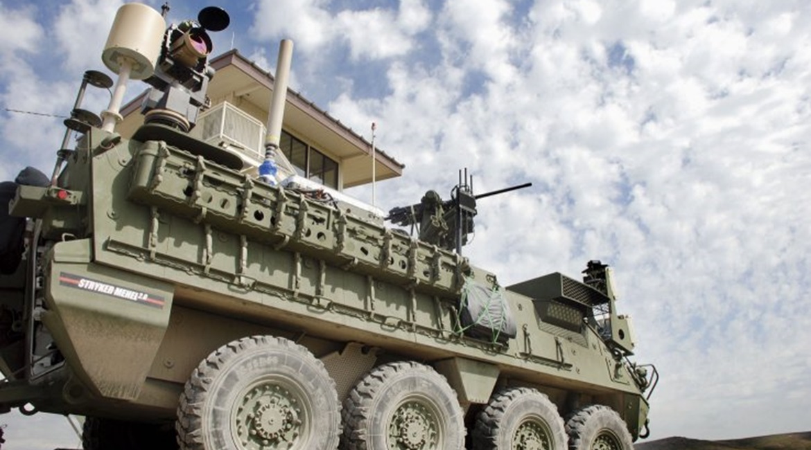 A Stryker with the 5 kW laser, mounted on the vehicle's rear. The US Army has decided to accelerate development of its MMHEL effort that seeks to integrate a 50 kW-class laser on the vehicle. Northrop Grumman and Raytheon are now competing to design th...