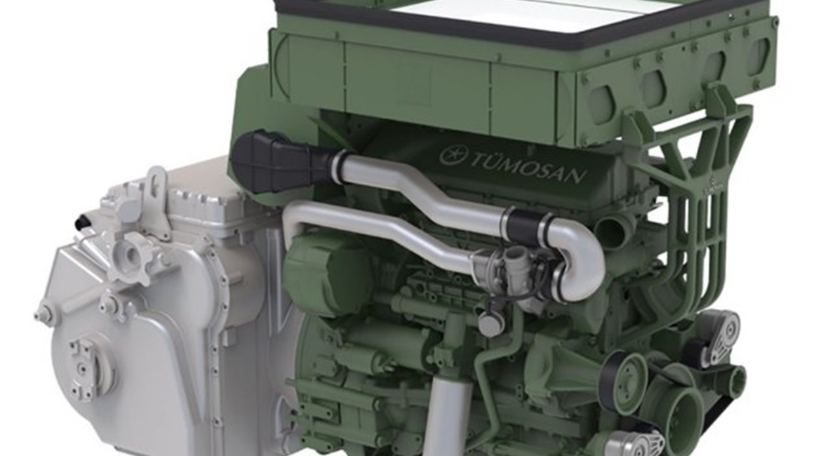 The complete Tumosan ALP Lightweight Tracked Vehicle Powerpack showing the radiator on top, diesel engine below, and automatic transmission on the left.