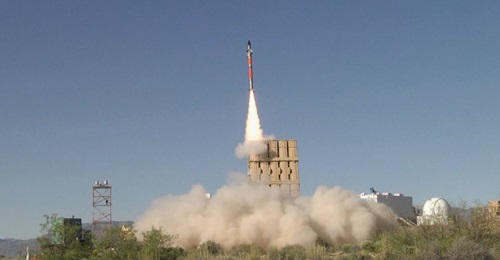 An Iron Dome Tamir missile shown launching from the US Army's new air-defence platform, the IFPC 2-Intercept multimission launcher. The USMC is set to demo its G/ATOR with components of Rafael's Iron Dome system.