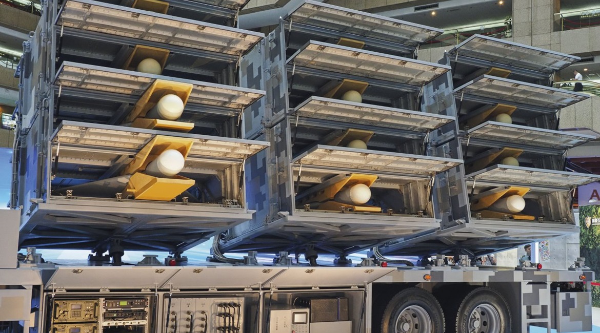 The Chien Hsiang loitering munition's mobile launcher seen at TADTE 2019, carrying 12 canisters of ready-to-fire weapons. This arrangement enables the system to be swiftly deployed where it is most needed, as well as increase its survivability in defen...