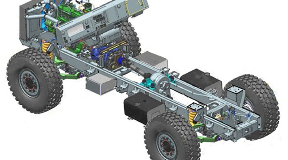 The new Texelis TXP 4×4 platforms are being marketed for armoured vehicles with a gross vehicle weight of between 14 and 18 tonnes. Shown is the TXP 14 with a front-mounted powerpack.