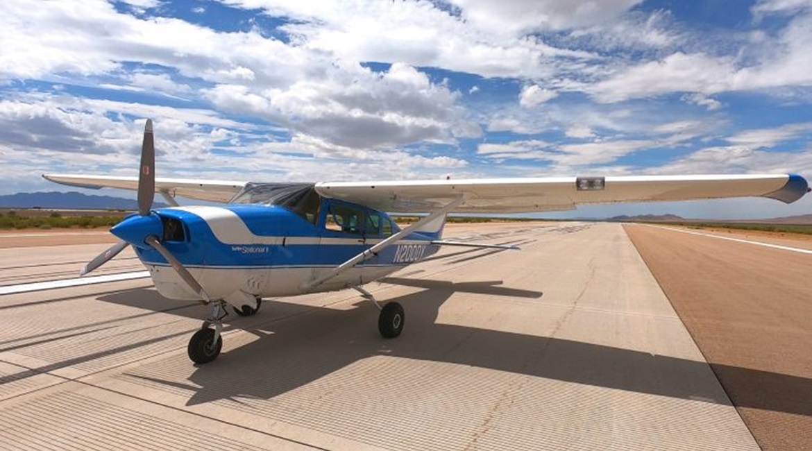 A 1968 Cessna 206 with ROBOpilot installed preparing for engine start on the runway at Dugway Proving Ground, Utah.