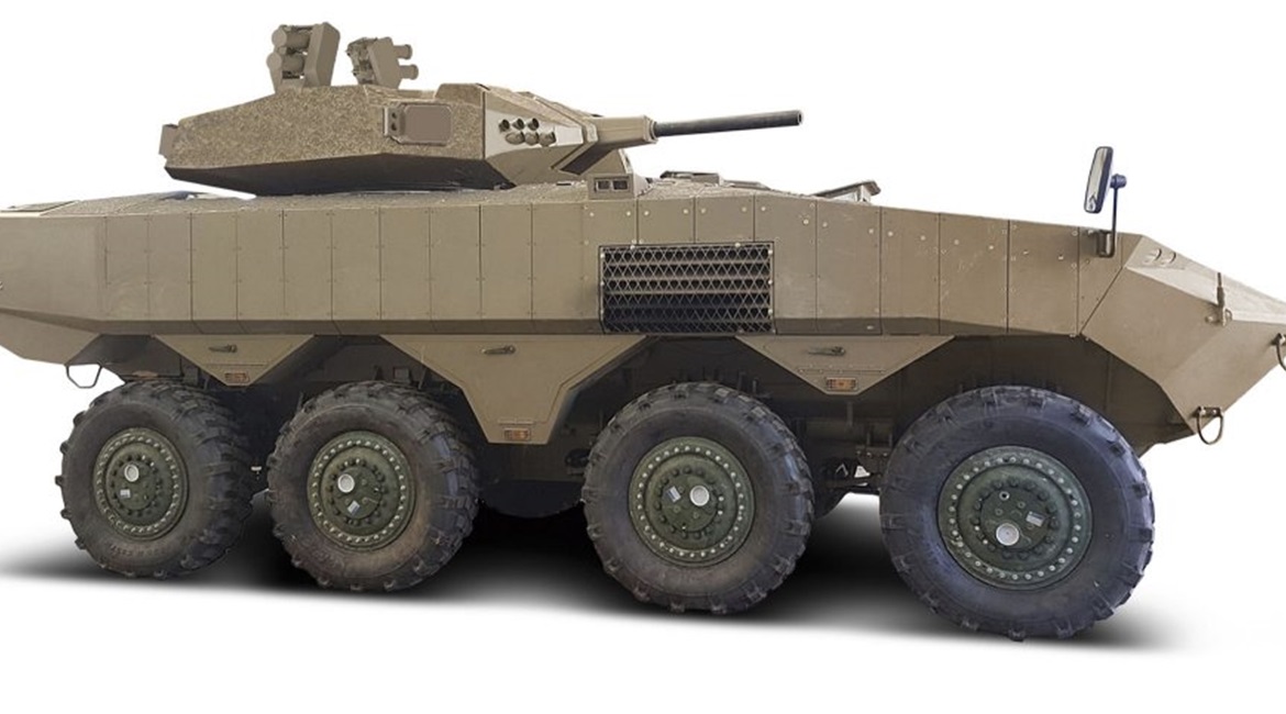 The Iron Fist Light Decoupled active protection system integrated on the turret of an Israel Defence Force Eitan 8×8 APC.