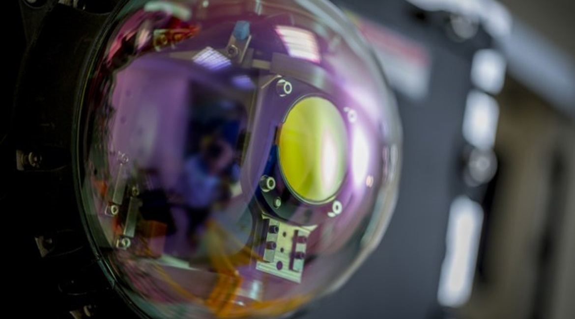The Leonardo/Thales Miysis DIRCM countermeasures system, which the UK Ministry of Defence has ordered for the RAF's Shadow ISTAR fleet, on display at DSEI 2019.