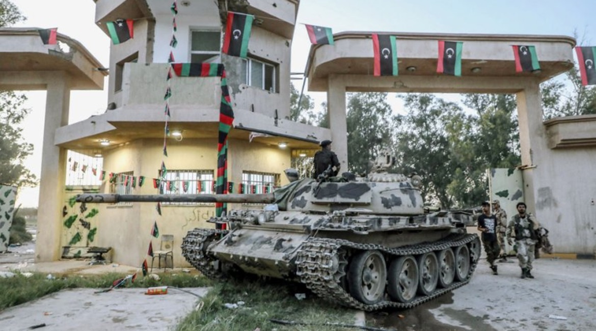 A T-55 operated by the LNA is seen in Al-Aziziyah south of Tripoli in April. The tank may have been repaired by Russian technicians.