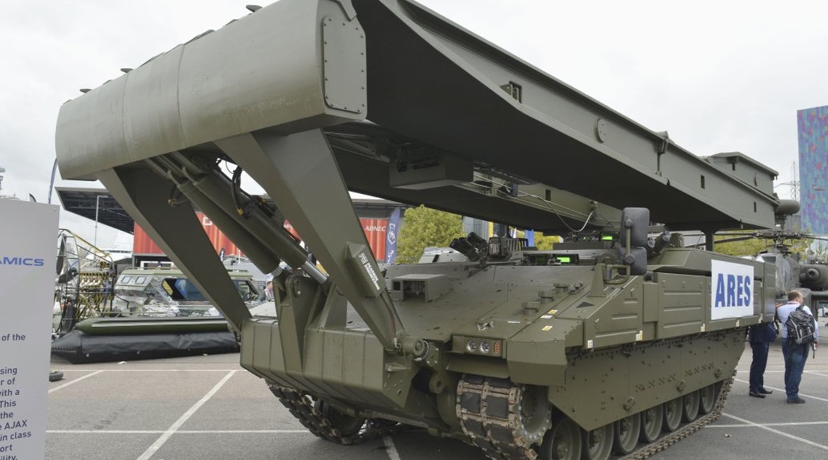 The bridging variant of the Ares APC at DSEI 2019. GDLS-UK has suggested that there might be a need for an organic bridging capability within the UK's Strike Brigades.