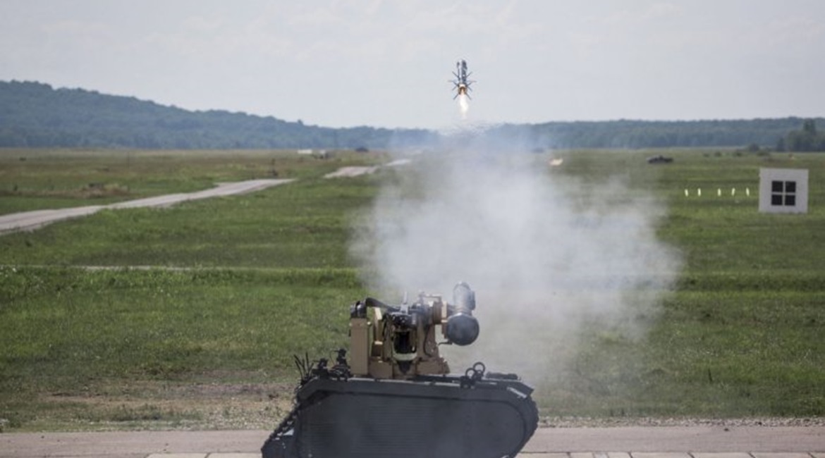 An FGM-148 Javelin ATGM is launched from a Kongsberg Protector M153 Common Remotely Operated Weapon Station (CROWS) mounted on a Titan UGV during firing demonstrations at the US Army Redstone Test Centre in Alabama on 12 June.