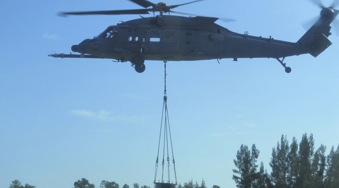 A Sikorsky Combat Rescue Helicopter being developed for the US Air Force lifts a 3.63 metric ton external load on 6 August 2019.