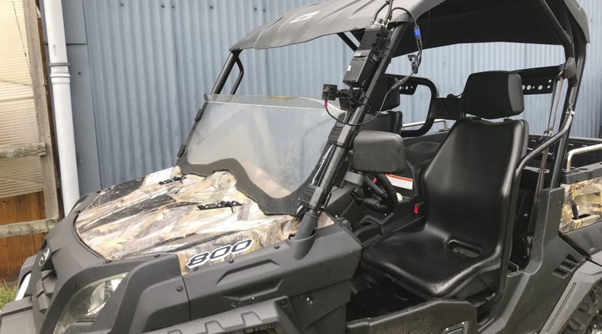 A StreamCaster 4200 Enhanced MIMO SDR attached to an all-terrain vehicle to support on-the-move communications during ground demonstrations.