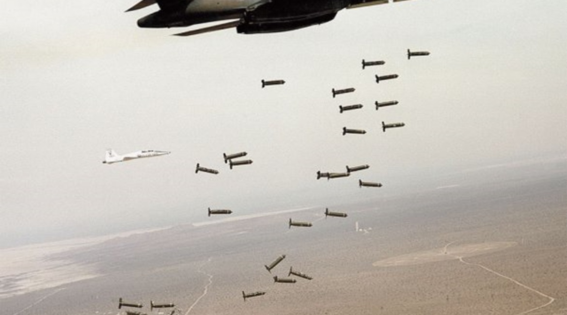 A B-1B bomber dropping cluster munitions during tests. The USAF is replacing this class of weapon, which spreads live bomblets across a large area, with a family of next-generation bombs that use fragmentation to achieve the same effect.