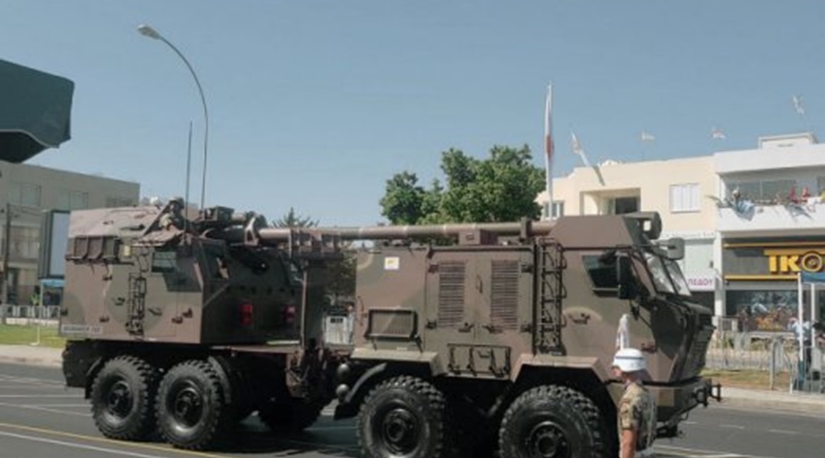 One of the Serbian-made Nora-B52 155 mm/52-calibre 8x8 self-propelled gun-howitzers bought by Cyprus on parade in Nicosia on 1 October.
