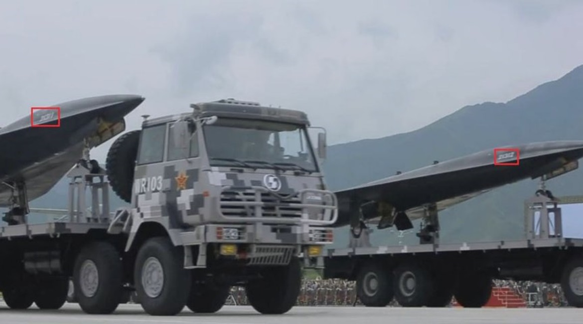 Two Chinese WZ-8 UAVs are seen here during rehearsals for the 1 October parade in Beijing. The serial numbers on the UAVs indicate that the platforms have been assigned to the PLAAF's 30th regiment in eastern Jiangsu Province.