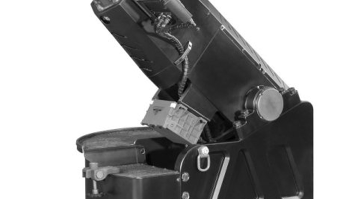 The turntable-mounted Rheinmetall Norway MWS 120 Ragnarok mortar as it would be deployed in the firing position in an armoured fighting vehicle.