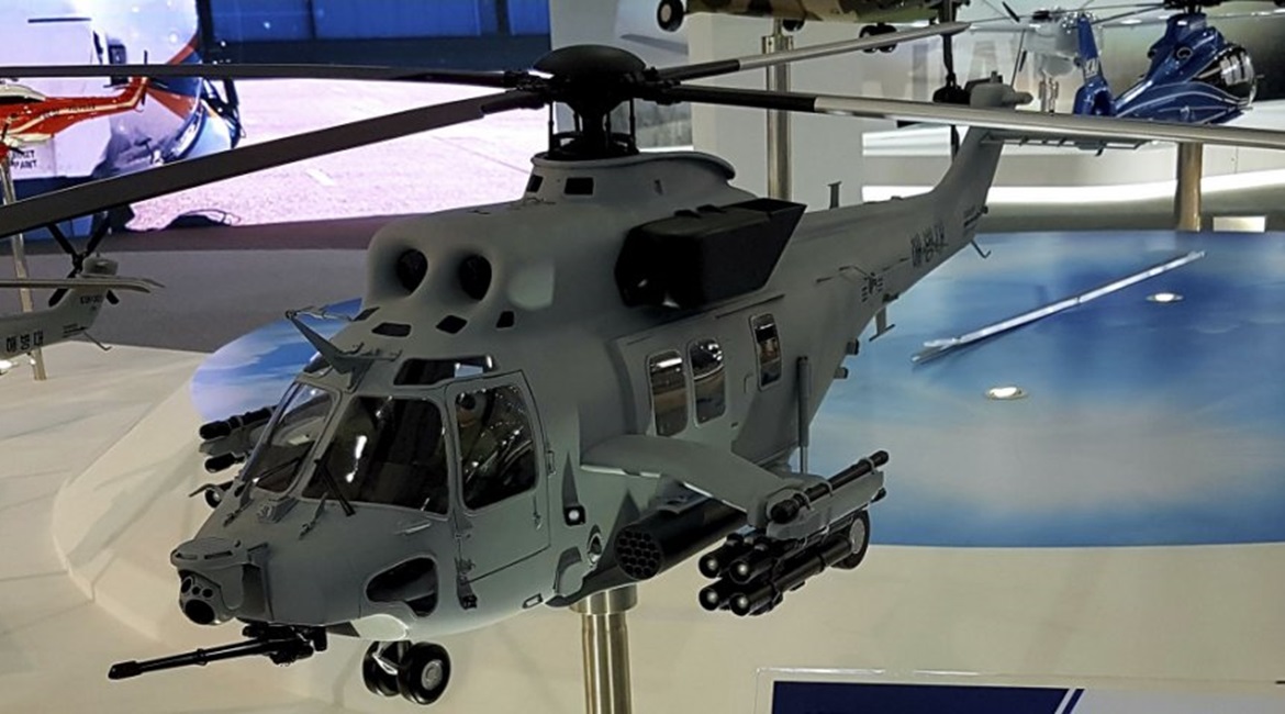 A model of the Korea Aerospace Industries Surion Marine Attack Helicopter at ADEX 2019 shows the 20 mm Gatling gun and EO/IR sensor in the nose and the stub-wing-mounted hardpoints.