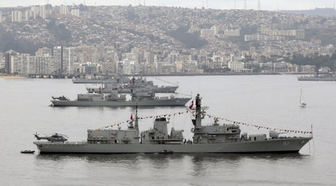 A view of part of the Chilean Navy's Escuadra Nacional - the surface combat squadron - gathered at Valparaiso in 2018 for the navy's 200th anniversary. In the foreground are two former Royal Navy Type 23 frigates acquired in 2005, while in the distance...