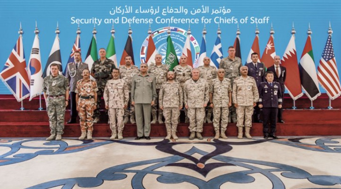 The chiefs of staff from the six Gulf Cooperation Council states and senior officers from several other countries at the 21 October conference in Riyadh.