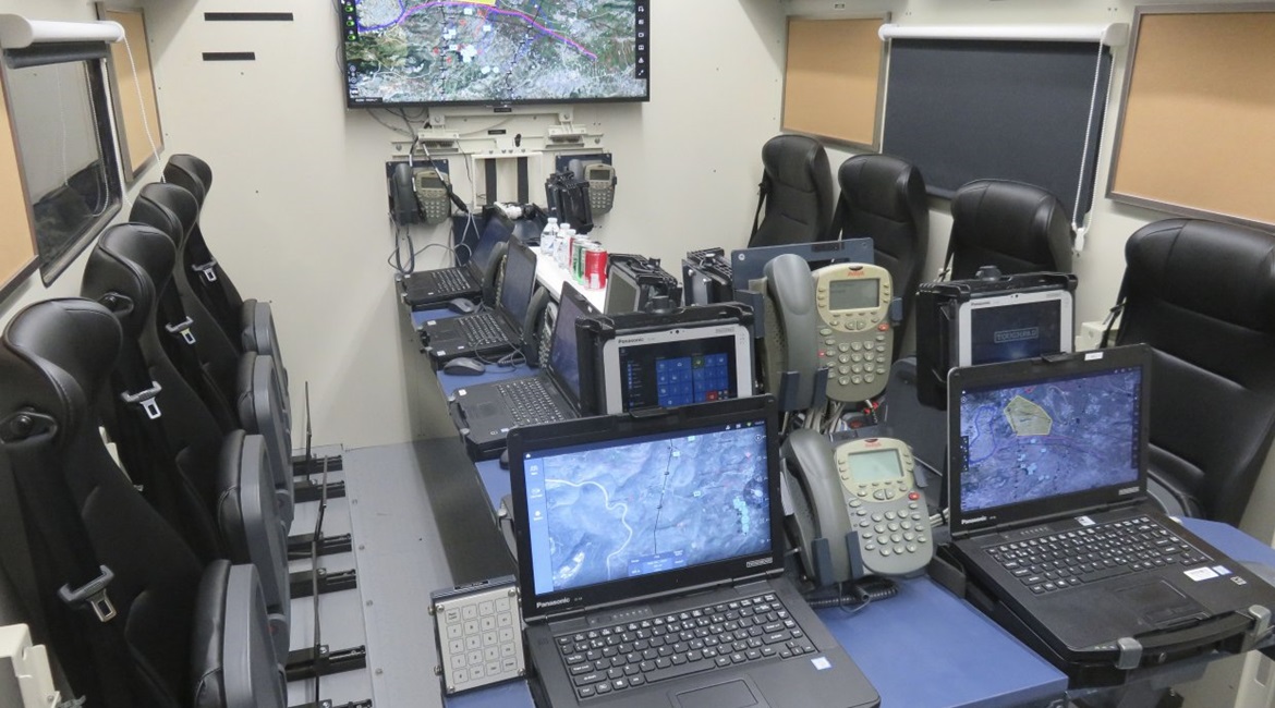 The interior of the Elbit Systems Rhino command post shelter as supplied to the IDF and displayed at AUSA 2019. It will form the basis of the Elbit Systems of America SBCT CPI2 solution. Communications and IT workstations are behind the camera.