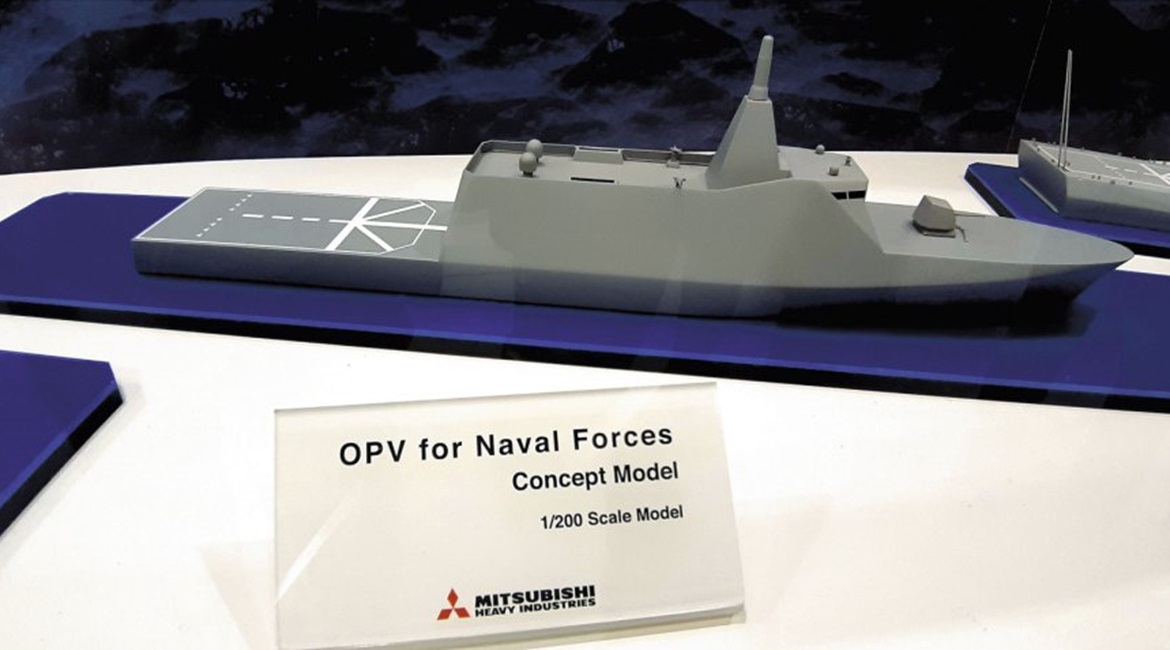MHI displayed a scale model of its new OPV concept at DSEI Japan 2019.